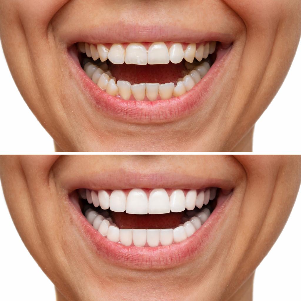 Before and after images of the benefits of dental veneers. The top image shows teeth that are slightly discolored and unevenly shaped. In the bottom image, the teeth are white and bright and evenly shaped.