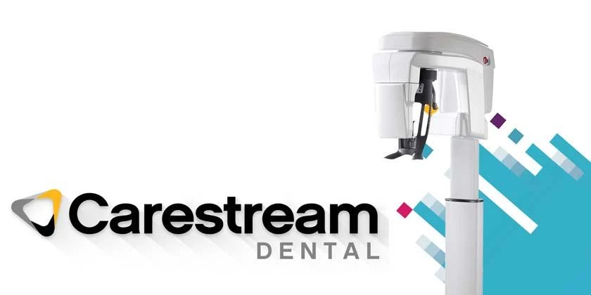 The images depicts the logo for Carestream Dental and an image of the CS 8200 3D Neo Edition Dental Scanner.